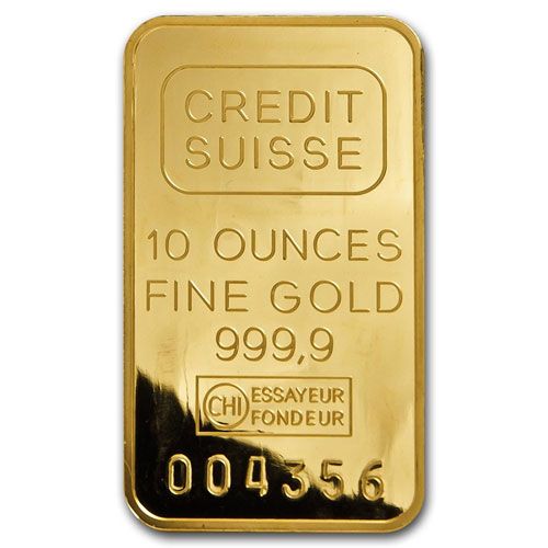 Gold bar, Credit Suisse, 10 ounces fine gold, shiny and rectangular.