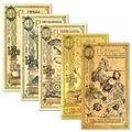 Five gold-colored novelty dollar bills, each with a different illustrated design.