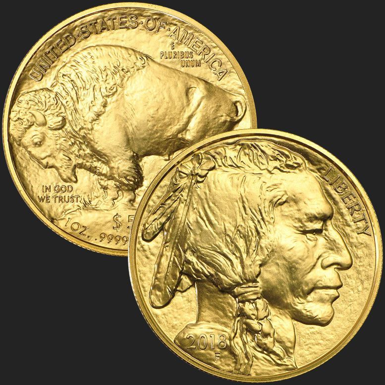 Gold American Buffalo coin displaying a bison and Native American portrait.