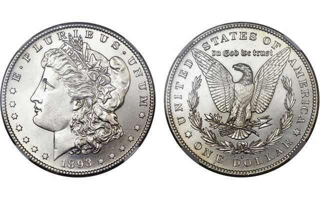 Two-sided silver Morgan dollar coin: left, profile of Lady Liberty; right, eagle with wings spread.