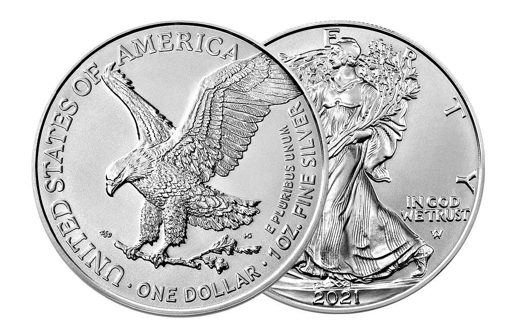 Two American Silver Eagle coins; one showing an eagle, the other, Liberty.