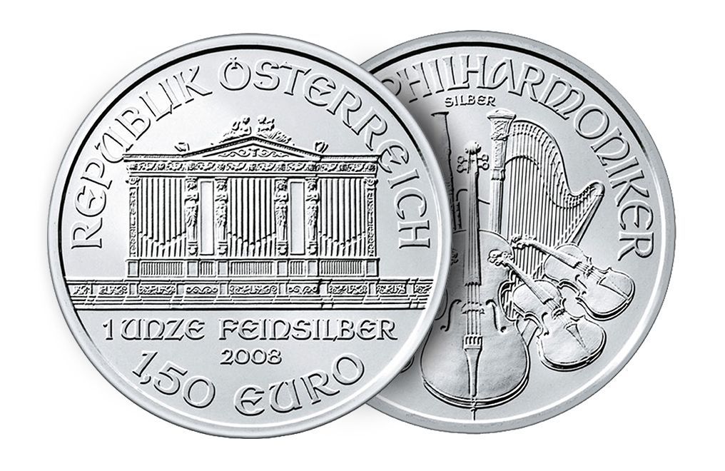 Two Austrian Philharmonic silver coins: one with organ, other with musical instruments.