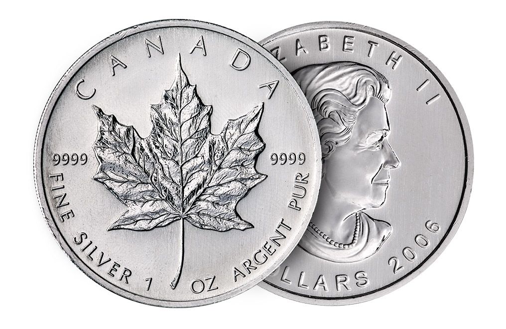 Two Canadian silver Maple Leaf coins, one showing a maple leaf, the other Queen Elizabeth II.