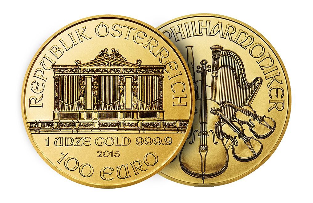 Two gold Austrian coins, one showing an organ and the other musical instruments.
