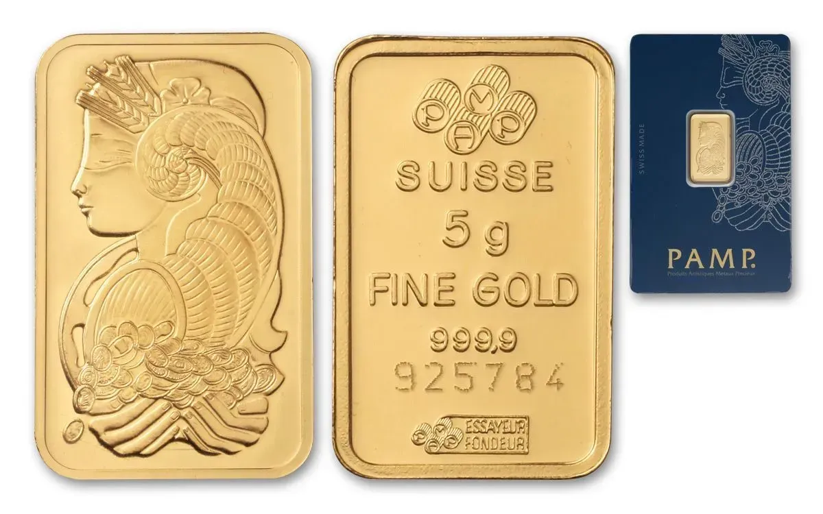 Gold bar: PAMP Suisse, 5g fine gold, obverse shows a woman with flowing hair, reverse shows product details.