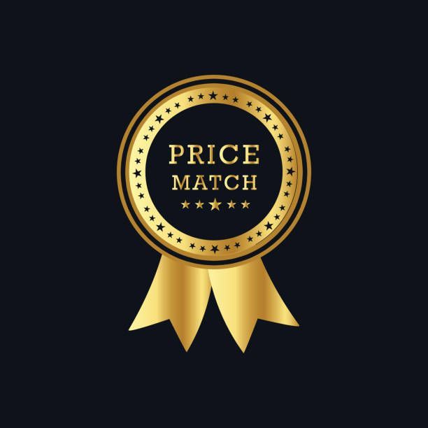 Golden price match badge with ribbon on a dark background.