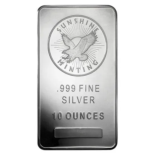Silver bullion bar, Sunshine Minting logo, 10 ounces, .999 fine silver.