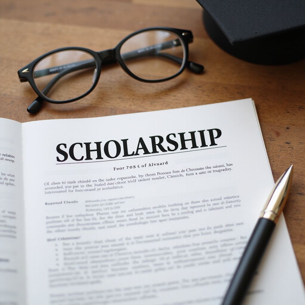 Open scholarship document with glasses, pen, and graduation cap on wooden surface.