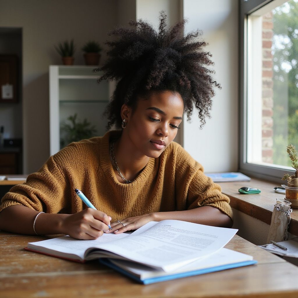 Woman with afro writes in a book at a wooden table near a window.