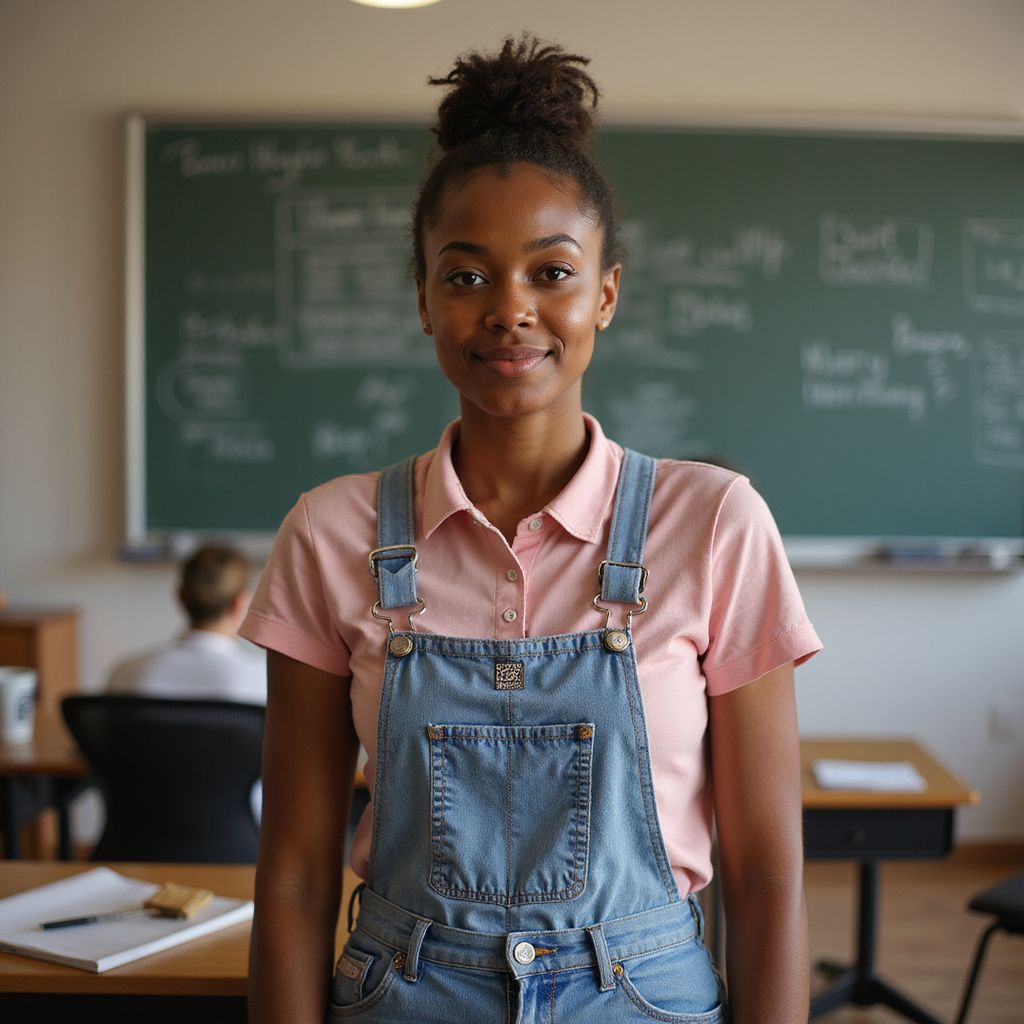 Woman in overalls stands smiling in a classroom with a chalkboard behind her.