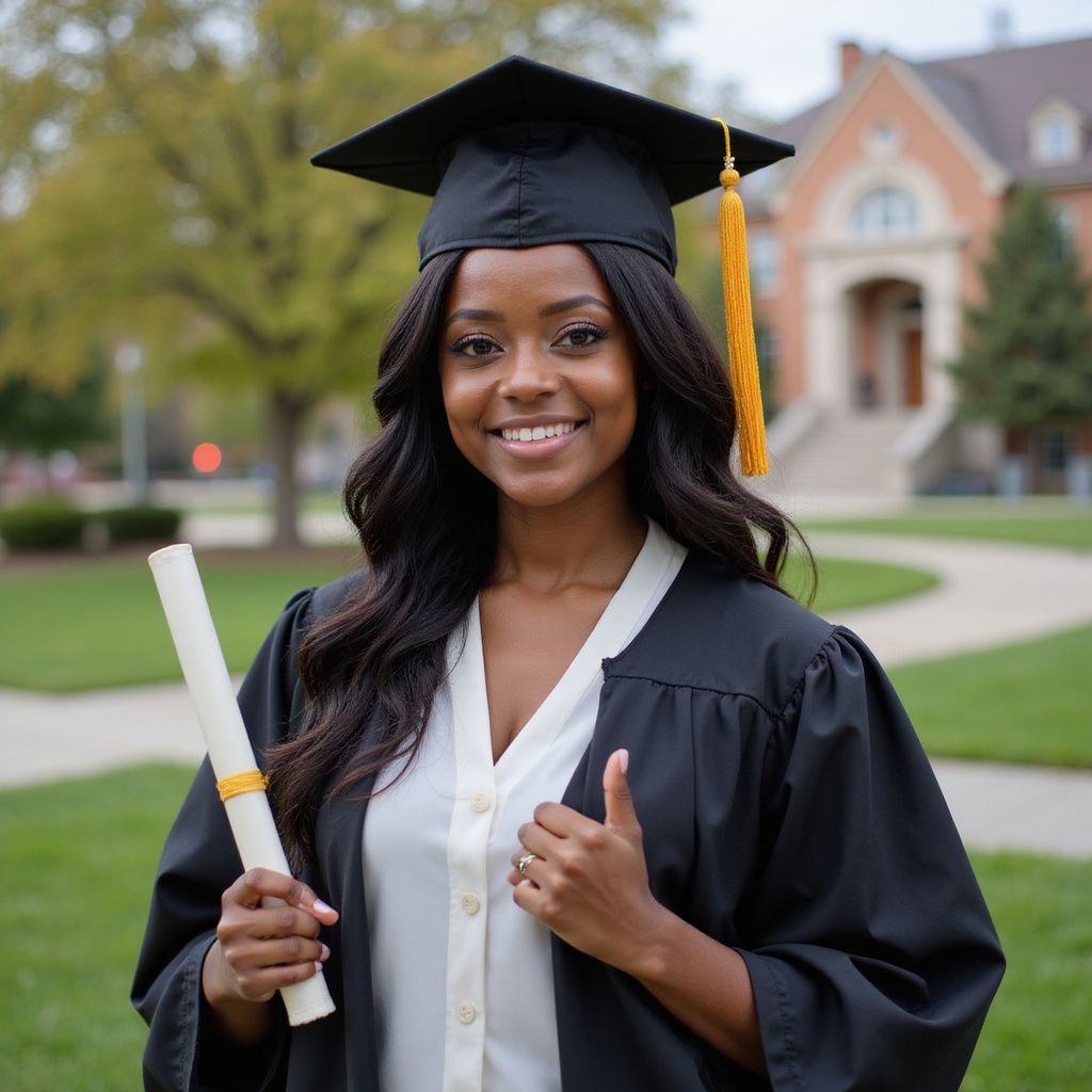 Smiling graduate in cap and gown holds diploma, giving a thumbs up outdoors with building in background.