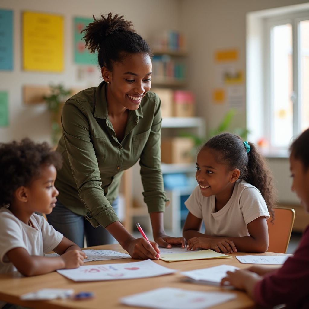 Teacher assisting students at a classroom table, smiling while pointing at work.