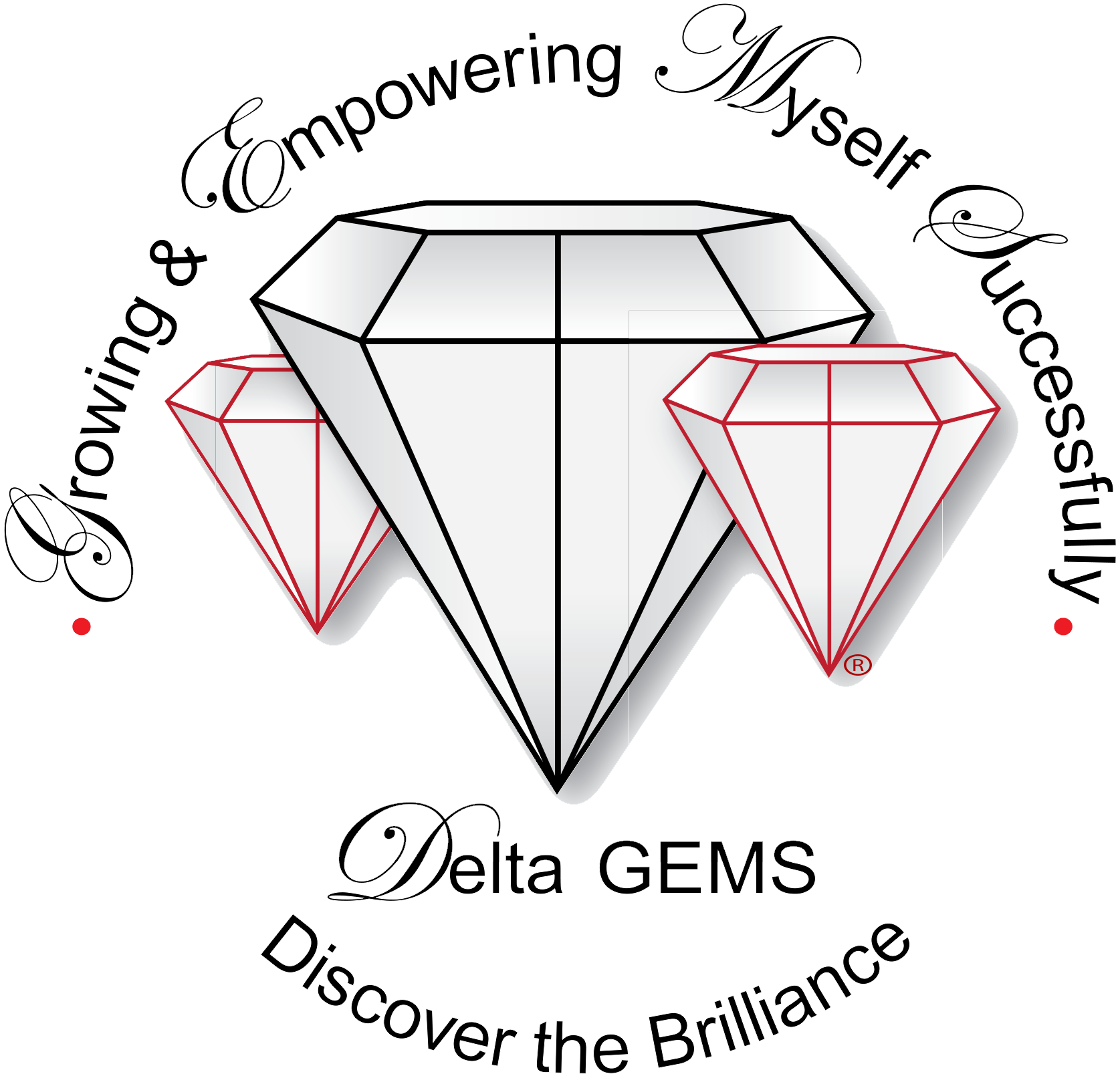 Logo: Three diamonds, two red outlined, one white, surrounded by text, 
