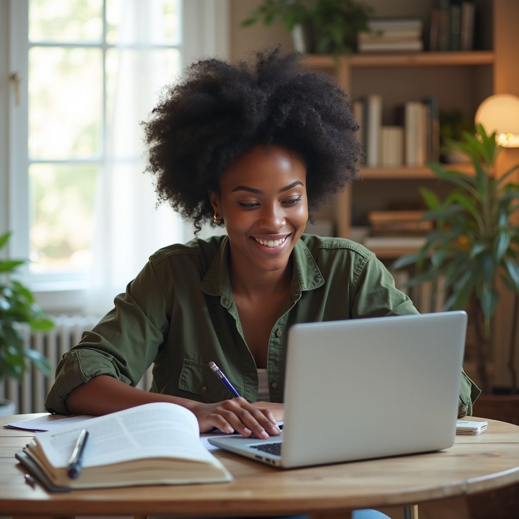 Woman smiling, working on laptop at a wooden table, with open book and pencil. Background is a home office.