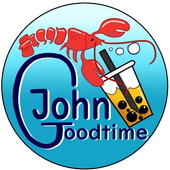 John Goodtime logo with a red lobster and a bubble tea drink on a blue circle background