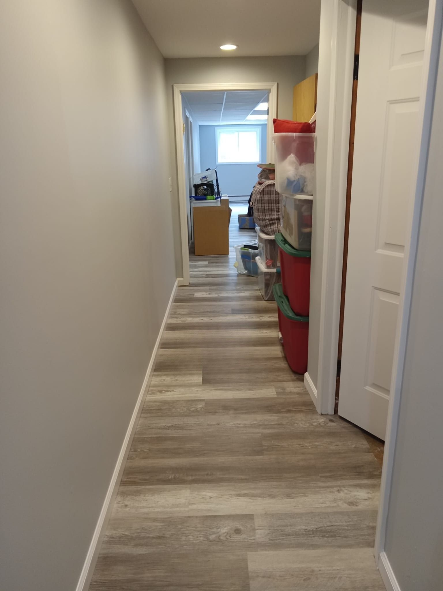 Narrow hallway with wood flooring, stacked storage bins on the right, and a bright room at the end.