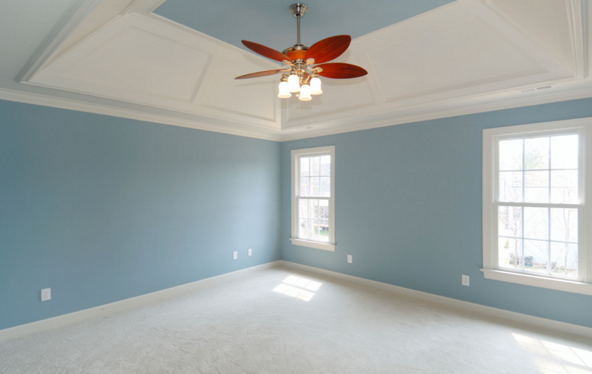 Empty blue bedroom with white trim, carpeted floor, and a ceiling fan under a tray ceiling