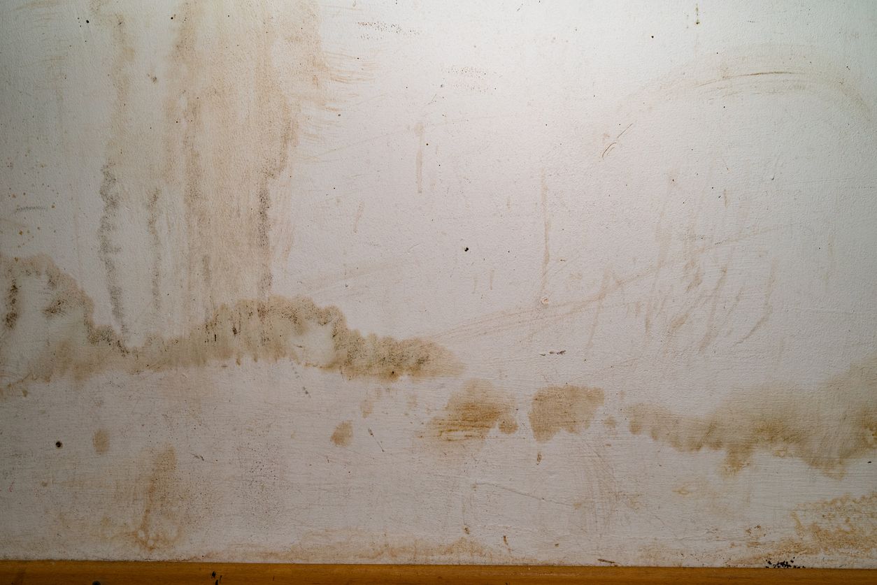 Stained white wall with brown water damage and mold-like streaks near the bottom