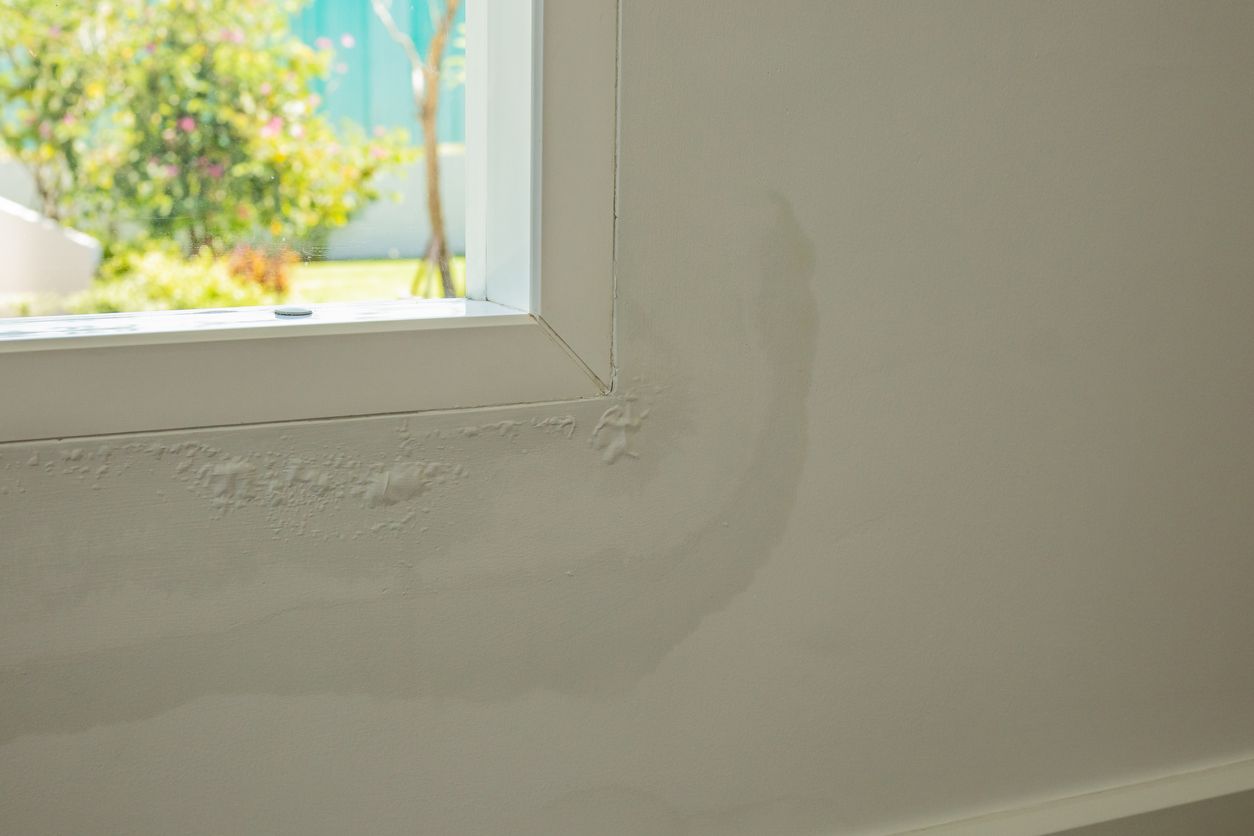 White wall with a window frame and patchy plaster repair near the corner