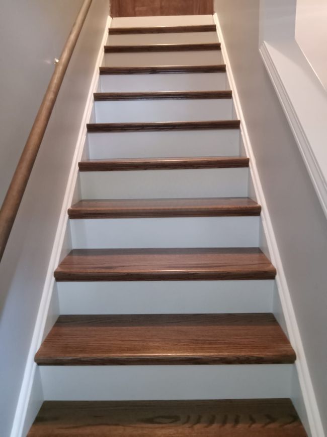 Narrow indoor staircase with white risers and dark wood treads, viewed from the bottom.