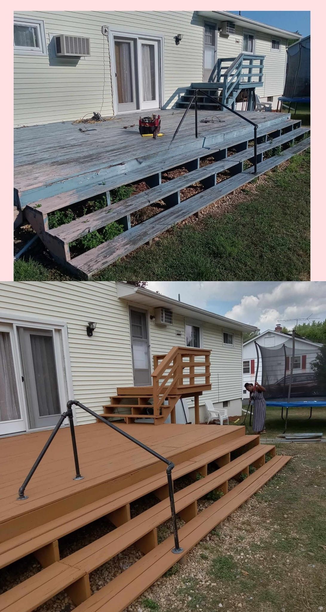 Composite of two backyard deck ramp builds beside a beige house, with black railings and wooden steps/ramps