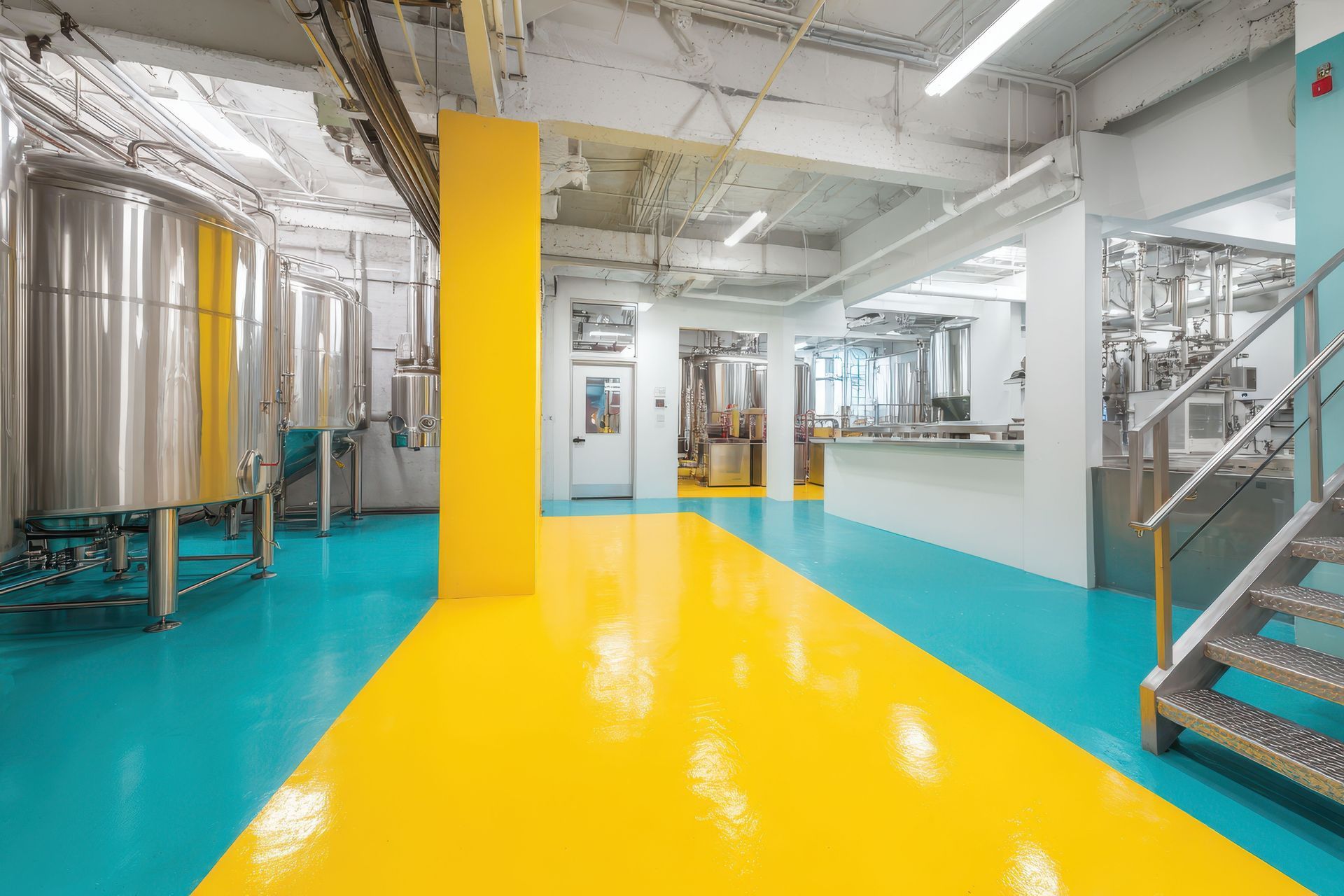 Modern and clean industrial brewery interior with stainless steel tanks and vibrant flooring. Modern and clean industrial brewery interior with stainless steel tanks and vibrant flooring.