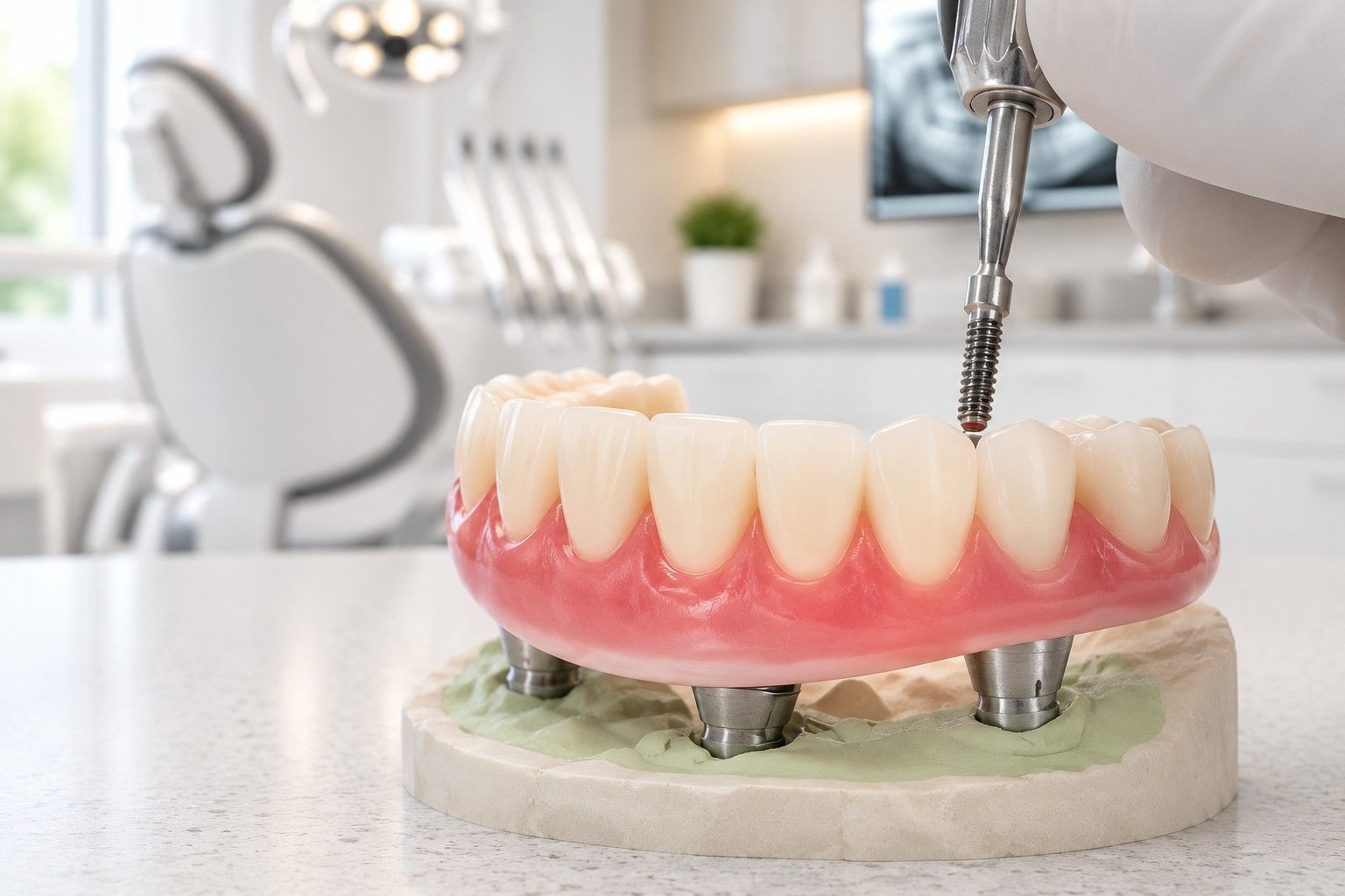 Dental implant model with pink gums and artificial teeth being adjusted in a clinic setting