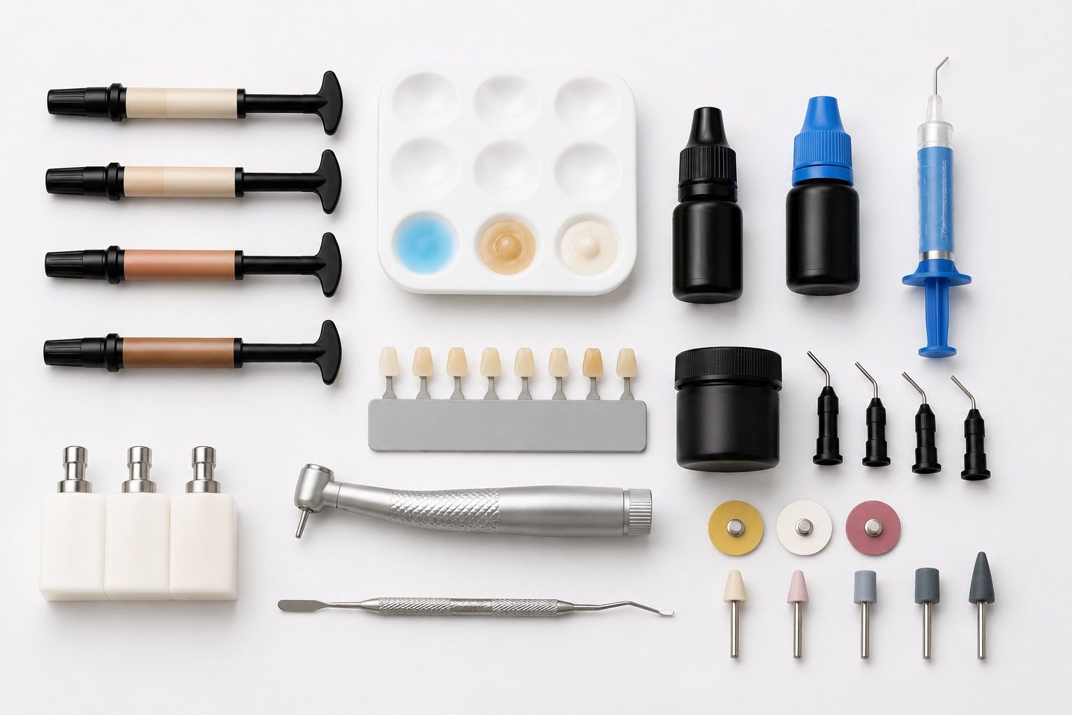 Assorted dental tools and components laid out