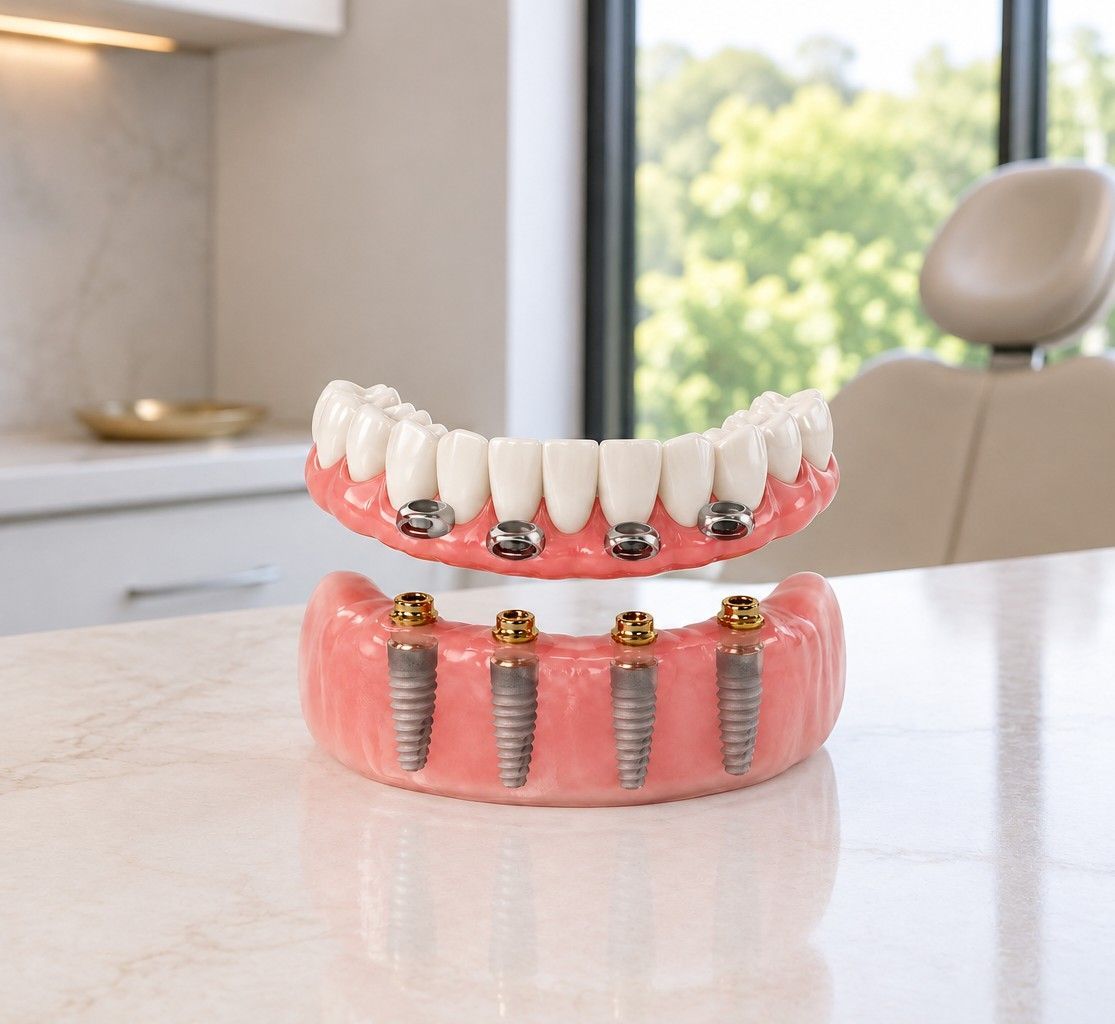 Model of an implant-supported denture showing the implants beneath the teeth