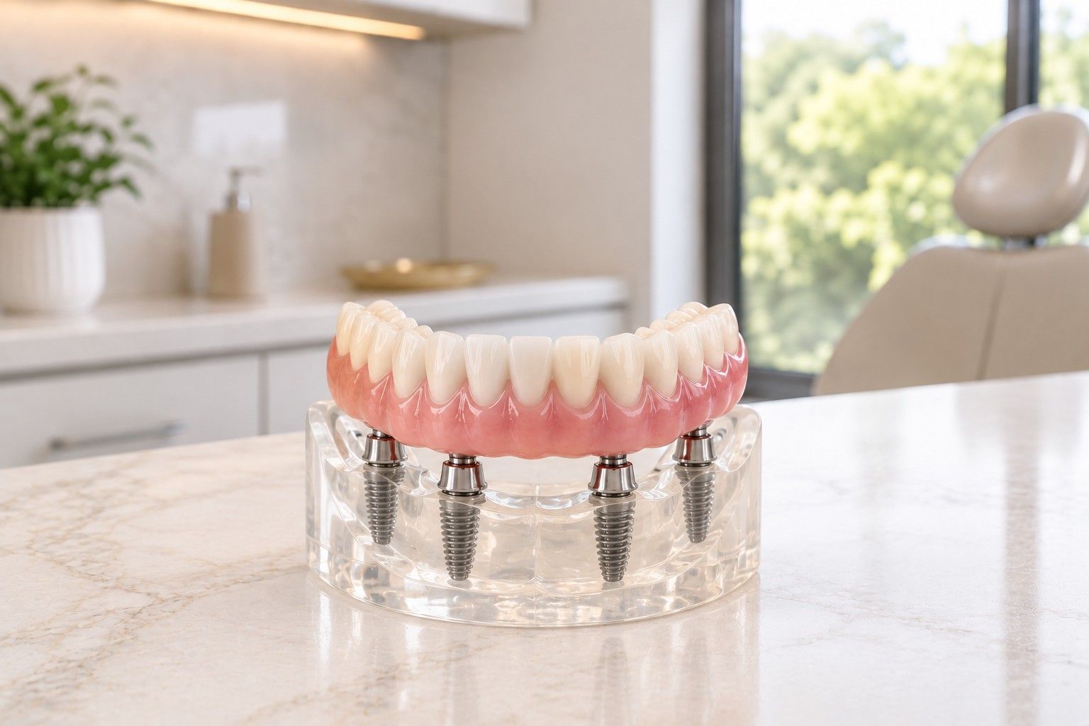 Implant-supported denture on a clear model base, with the implants that hold it