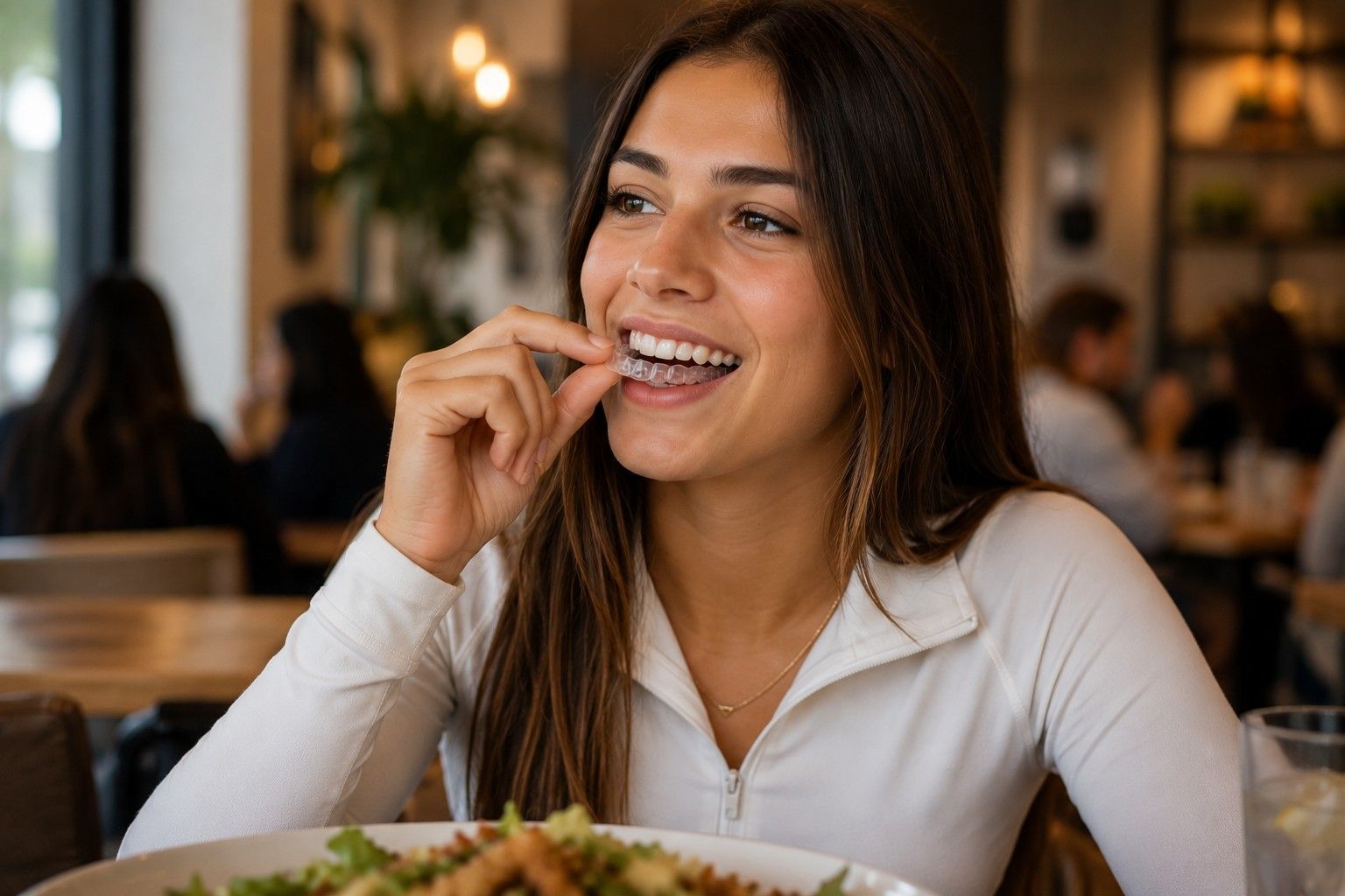Smiling woman eating at a restaurant table with a fork