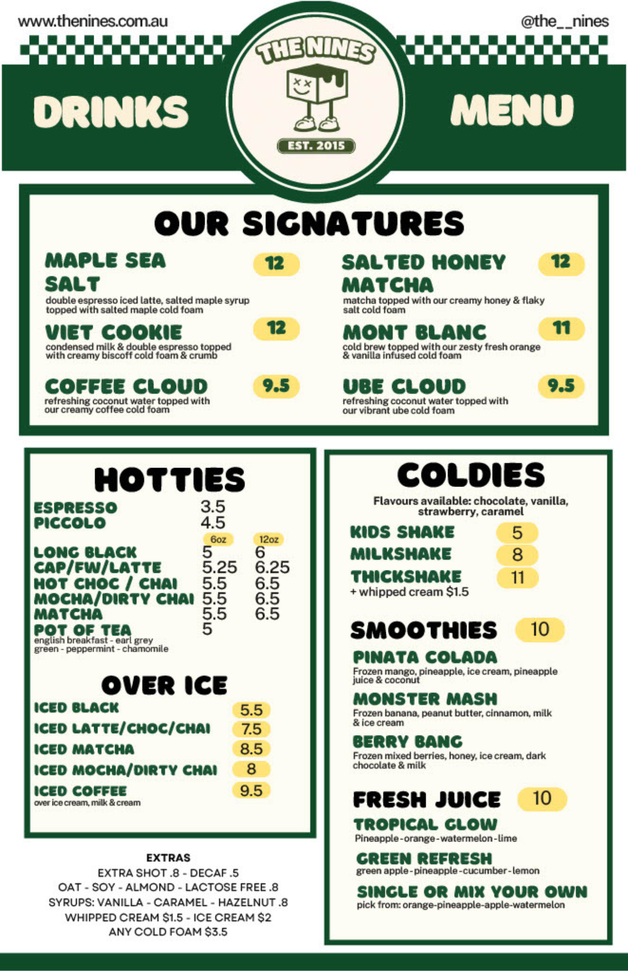 Image of the current Menu at The Nines Cafe, Maroochydore