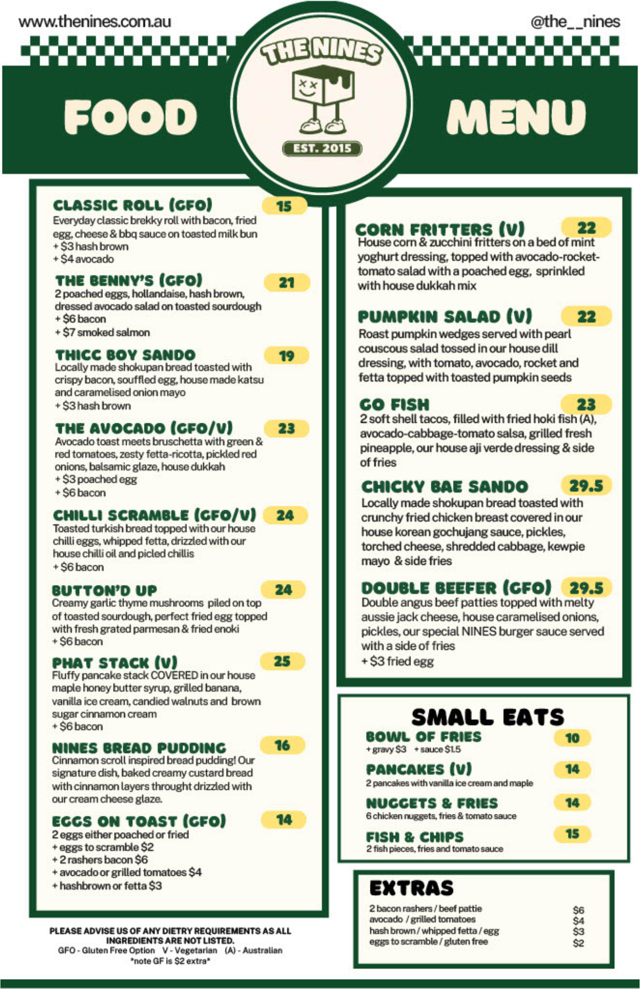 Image of the current Menu at The Nines Cafe, Maroochydore