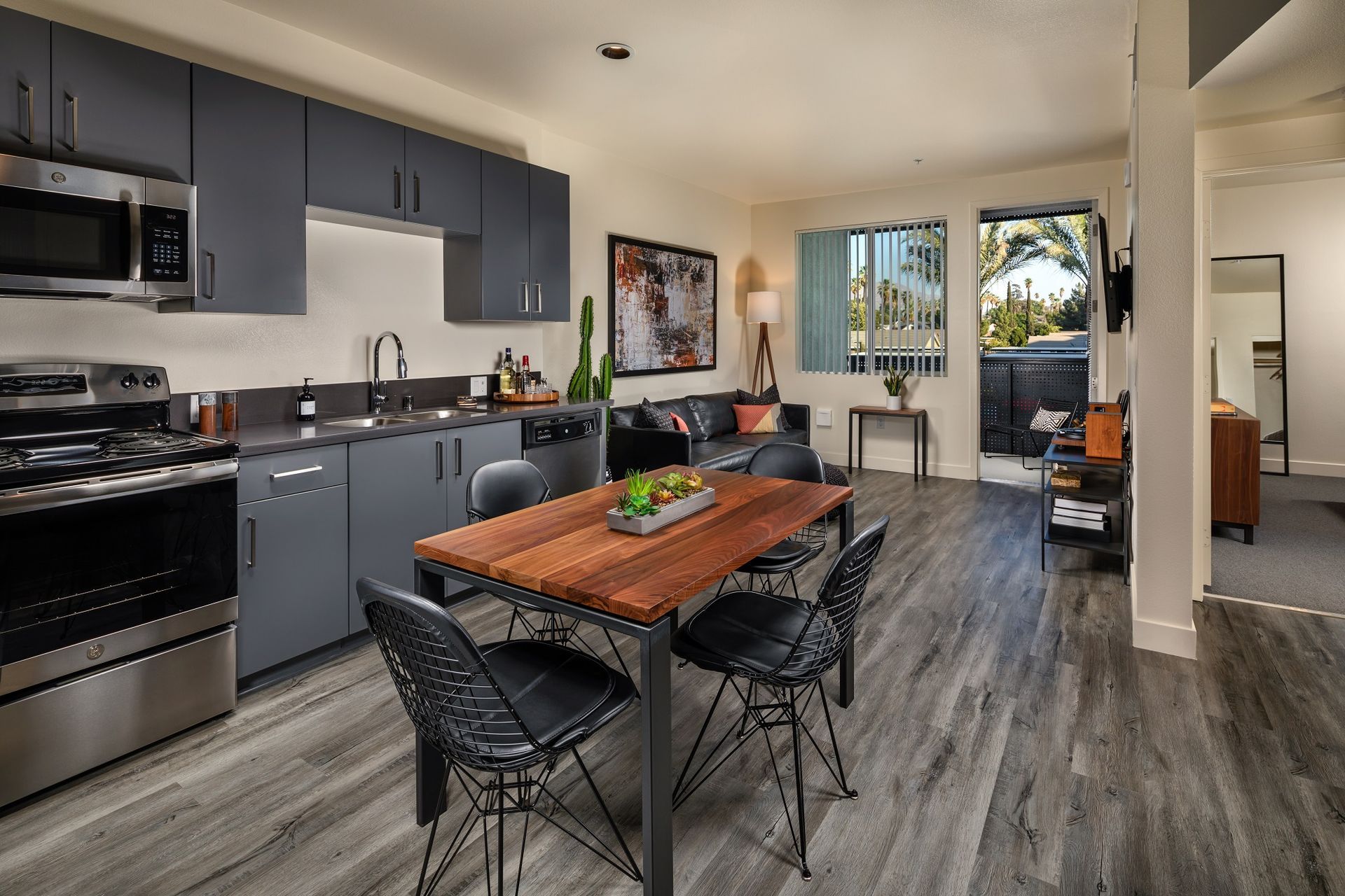 Interior photo of home with kitchen visible