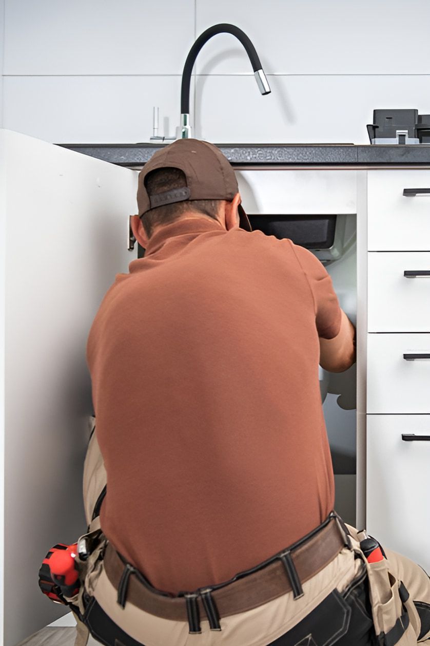 A Man Is Fixing A Sink In A Kitchen — ARK Plumbing & Gasfitting In Bowral, NSW
