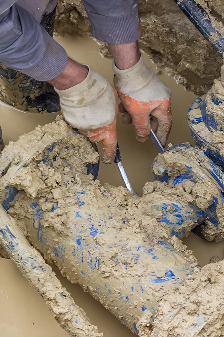 A Person Is Working On A Muddy Pipe With A Wrench — ARK Plumbing & Gasfitting In Bundanoon, NSW