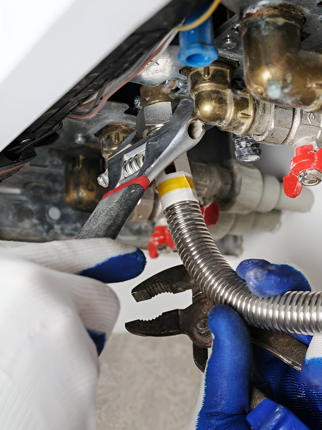 A Person Is Fixing A Pipe With A Wrench And Pliers — ARK Plumbing & Gasfitting In Bundanoon, NSW