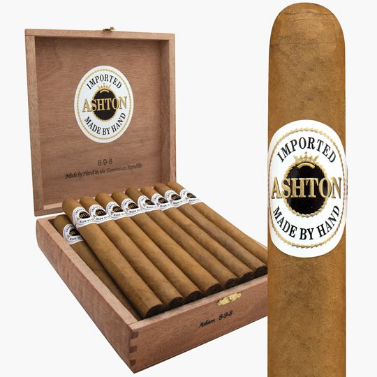 a box of imported ashton cigars made by hand