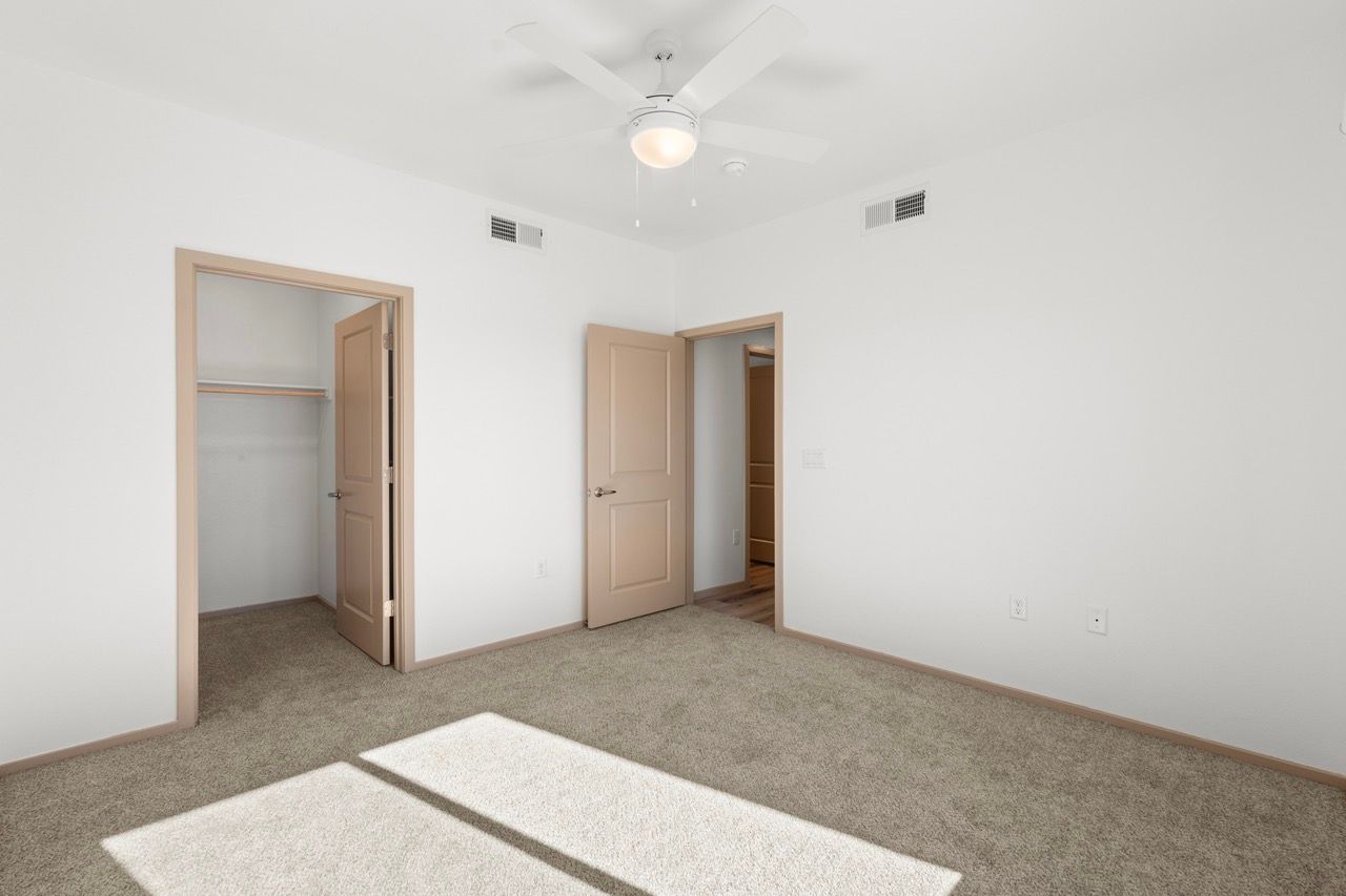 Empty bedroom with beige doors, a closet, ceiling fan, and sunlight on carpet.