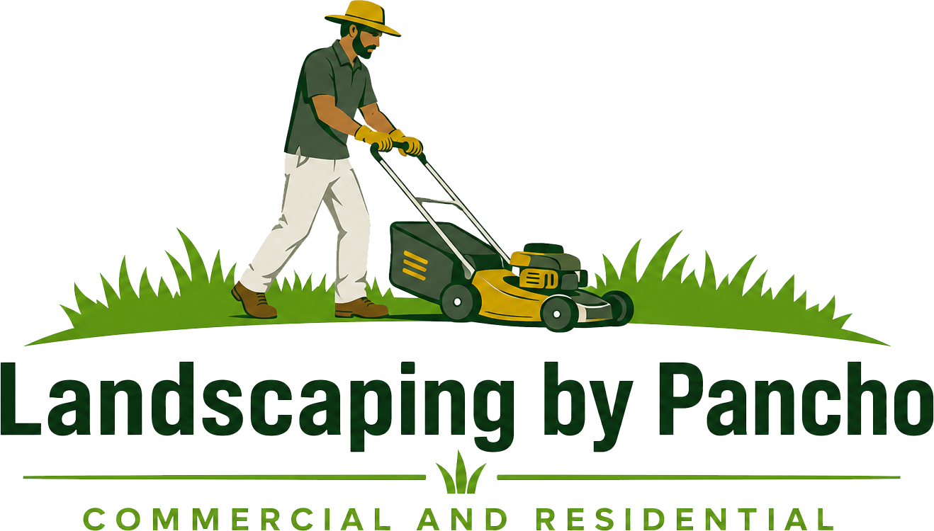 Logo for Landscaping by Pancho: worker mowing grass with green lawn mower, commercial and residential text