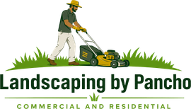 Logo for Landscaping by Pancho: worker mowing grass with green lawn mower, commercial and residential text