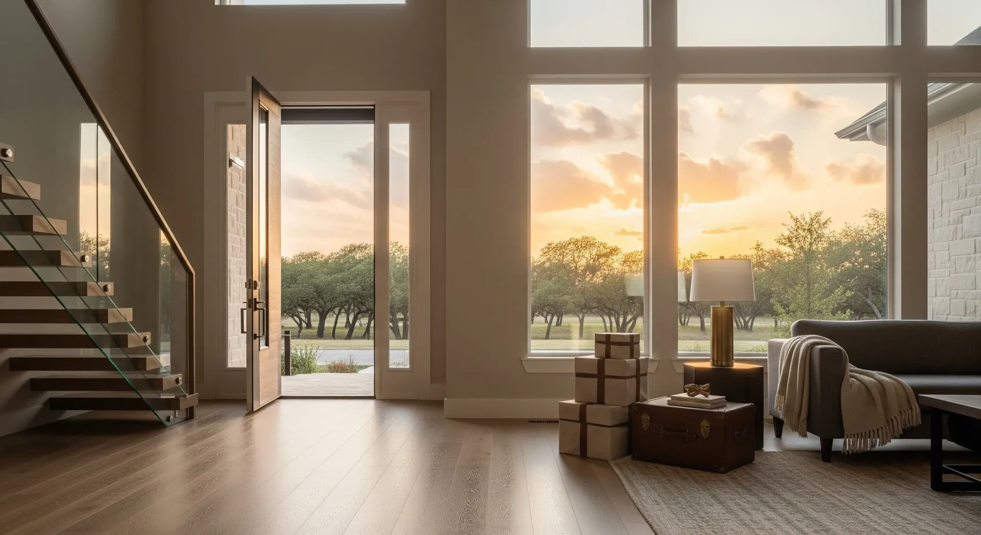 A bright home entryway with hardwood floors, a staircase with glass railings, large windows, and an open front door.