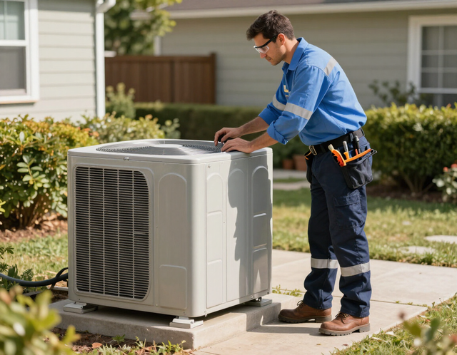Technician inspecting an outdoor air conditioner unit in a suburban yard