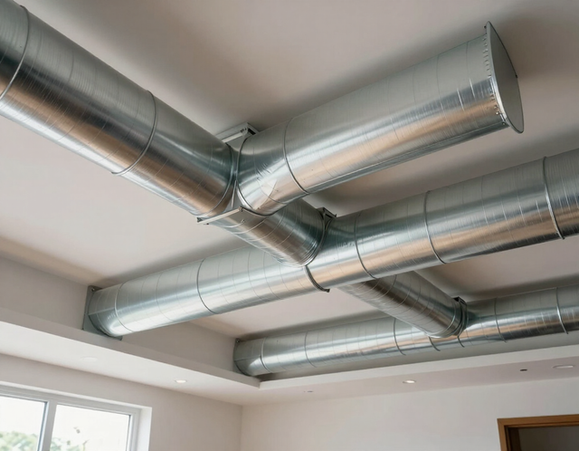 Shiny metal HVAC ducts running across a white ceiling in a room with a window.