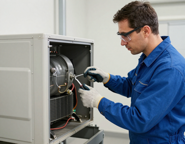 Technician in blue coveralls repairing an open appliance with tools in a workshop.