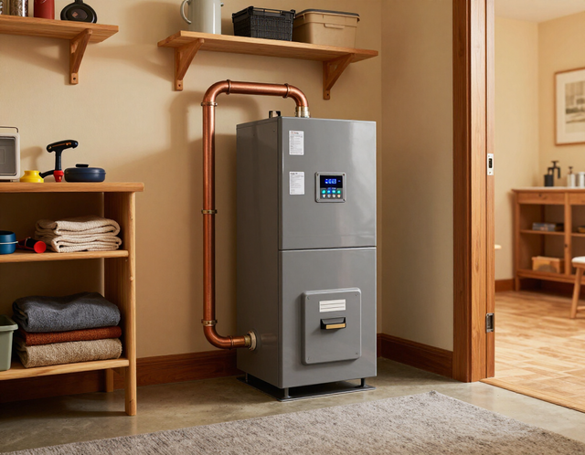 Modern gray boiler in a cozy utility room with wooden shelves and copper pipes