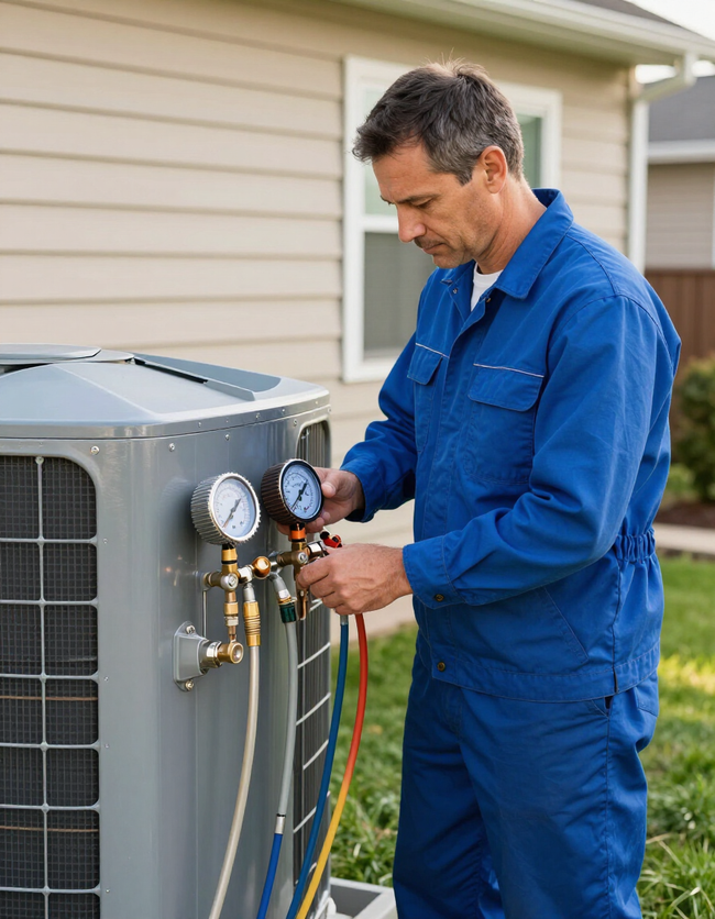Technician in blue coveralls servicing an outdoor HVAC unit with gauges and hoses attached