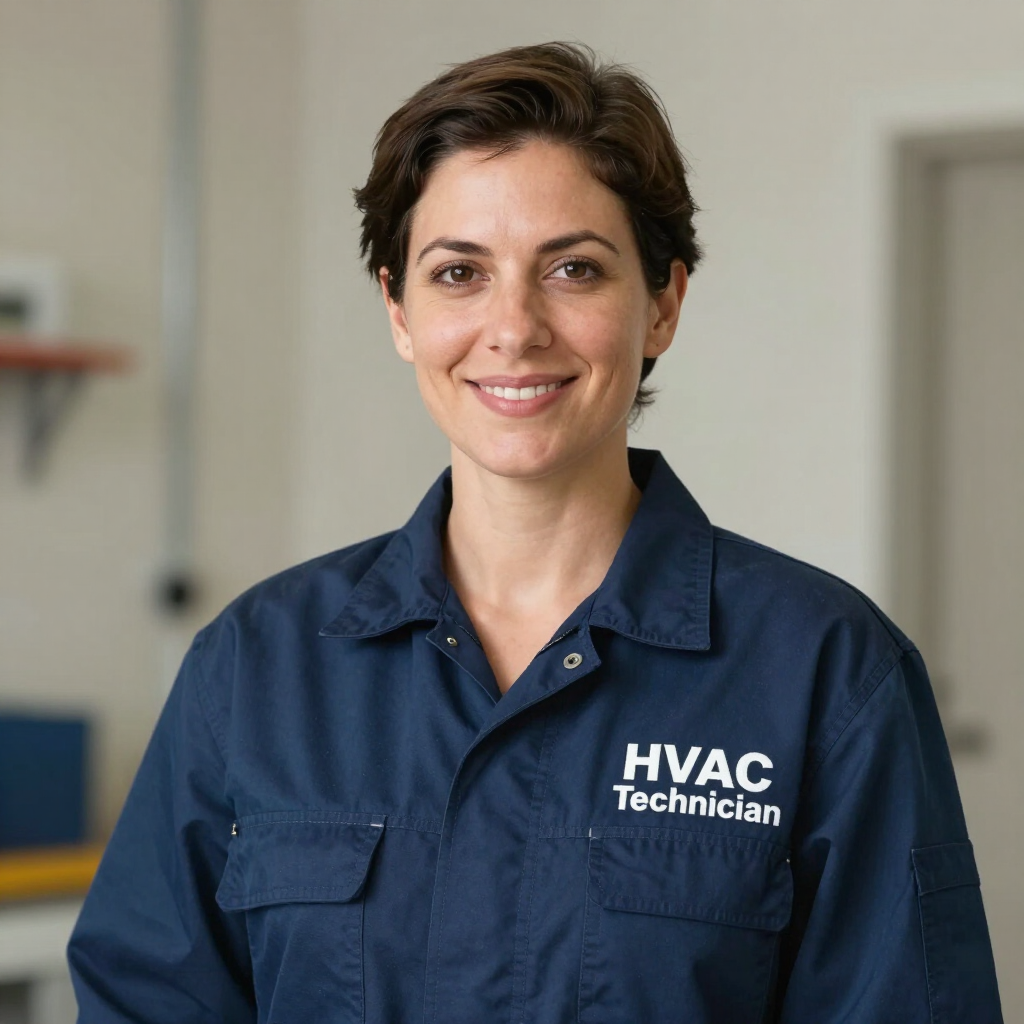 Smiling HVAC technician in a navy shirt standing indoors