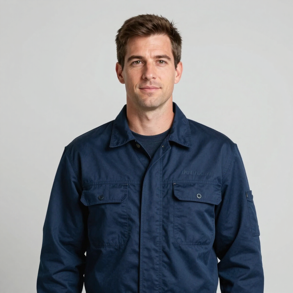 Man in a navy work shirt standing against a light gray background