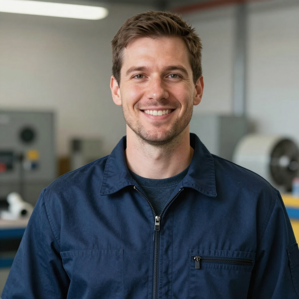 Smiling man in a blue work shirt standing in a workshop